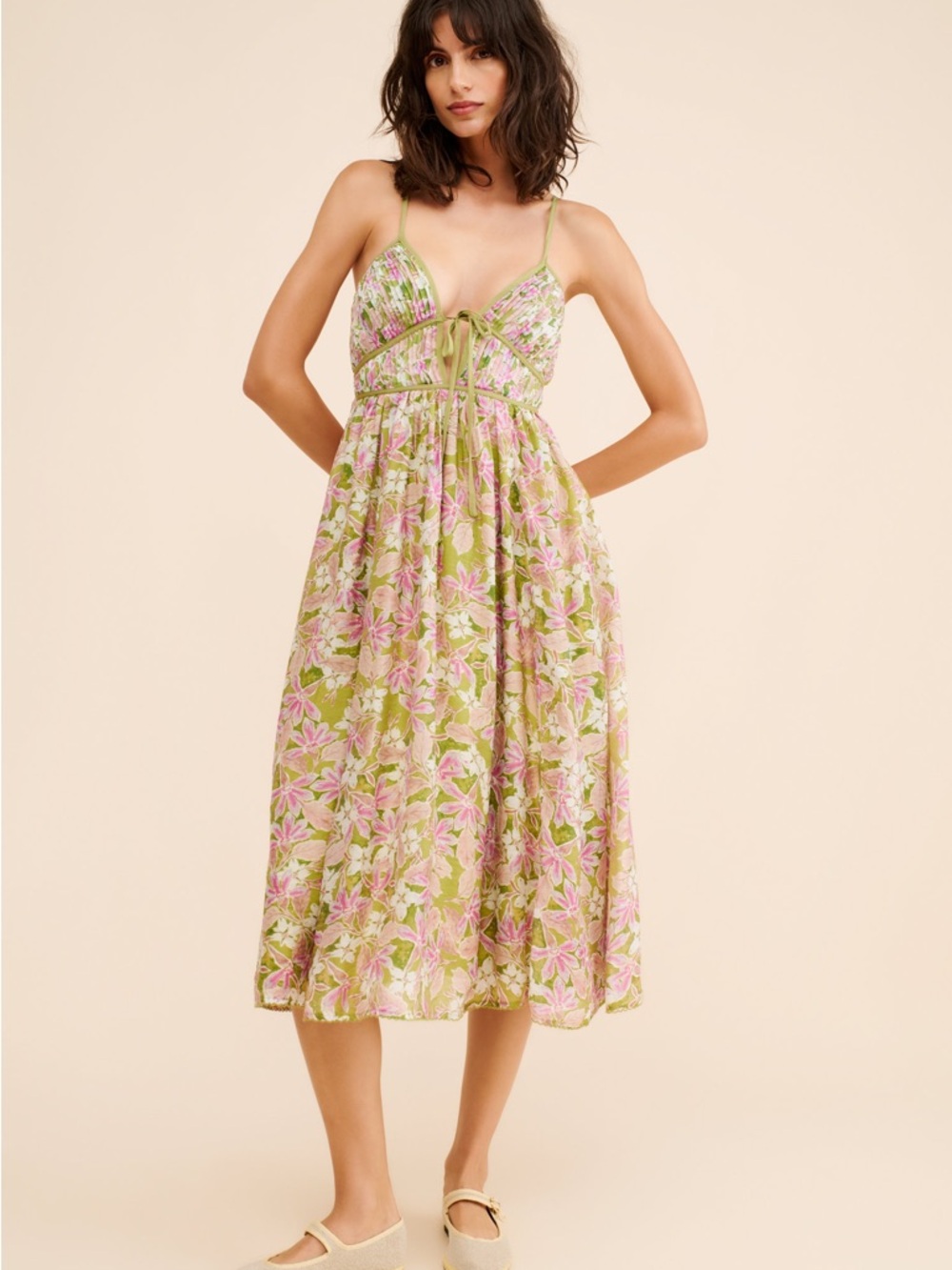 En Saison Sedna Dress Tie-Front Midi Dress - Green & Pink